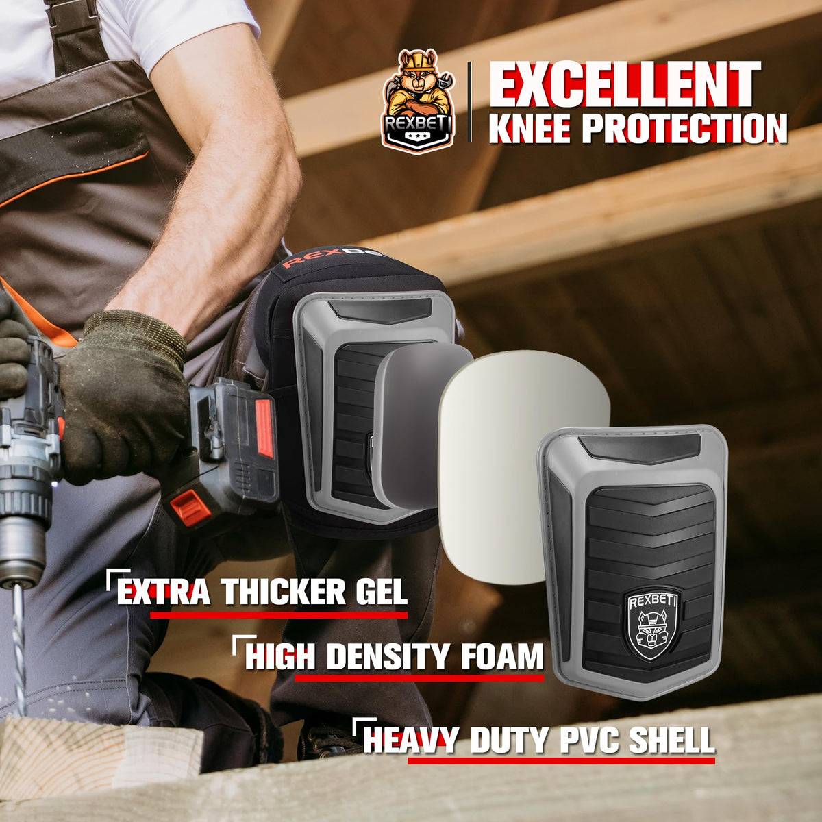 REXBETI knee pads featuring gel cushion for knee comfort and protection