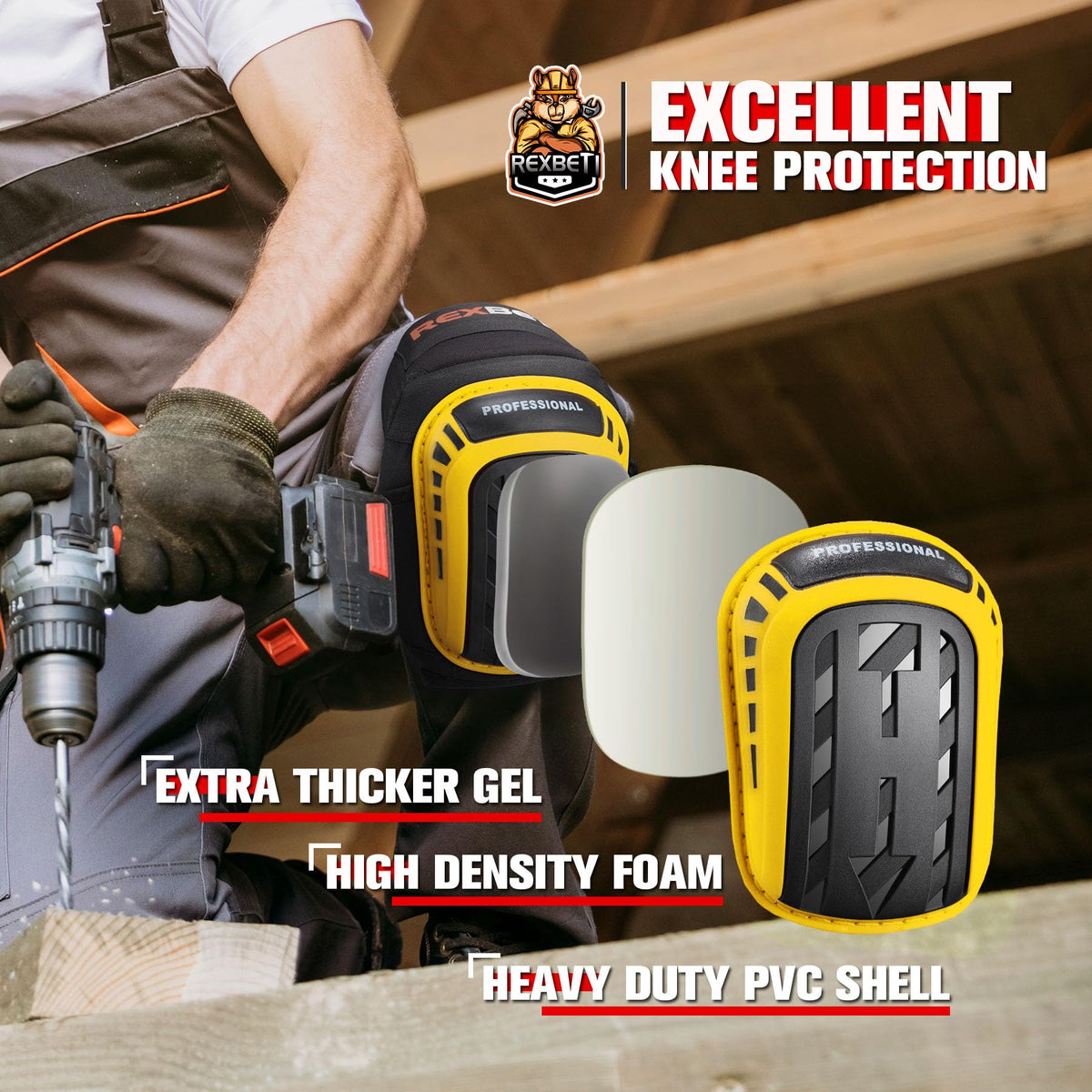 REXBETI knee pads featuring heavy-duty PVC shell for durable protection.