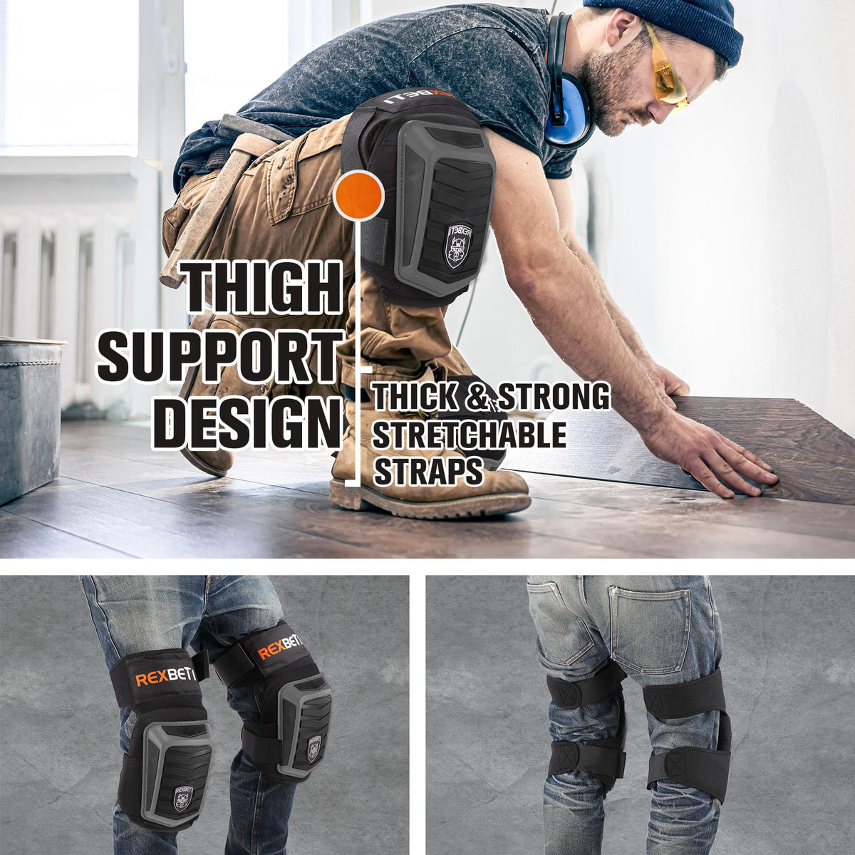 REXBETI knee pads with heavy-duty PVC shell and reinforced stitching