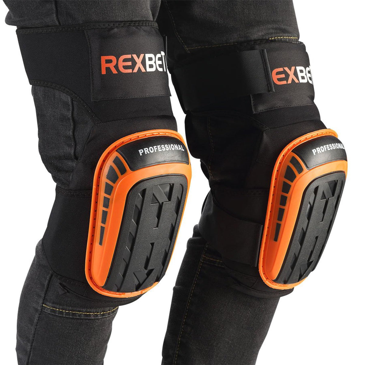 REXBETI knee pads in orange for high visibility on busy job sites