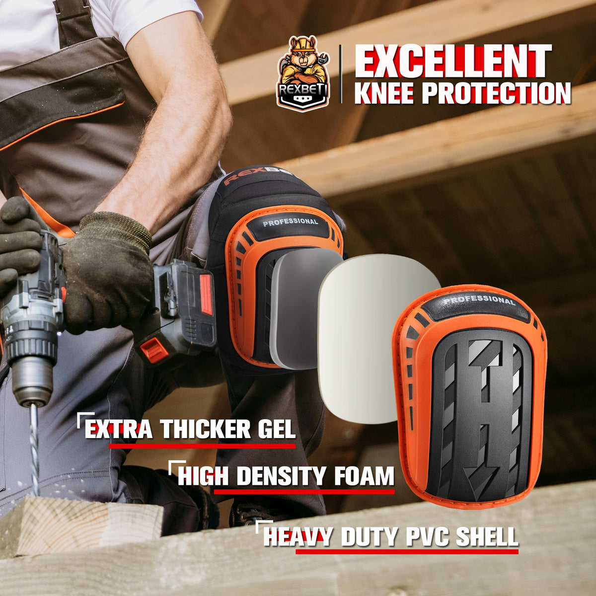 REXBETI knee pads with heavy-duty PVC shell protecting knees on rugged work sites