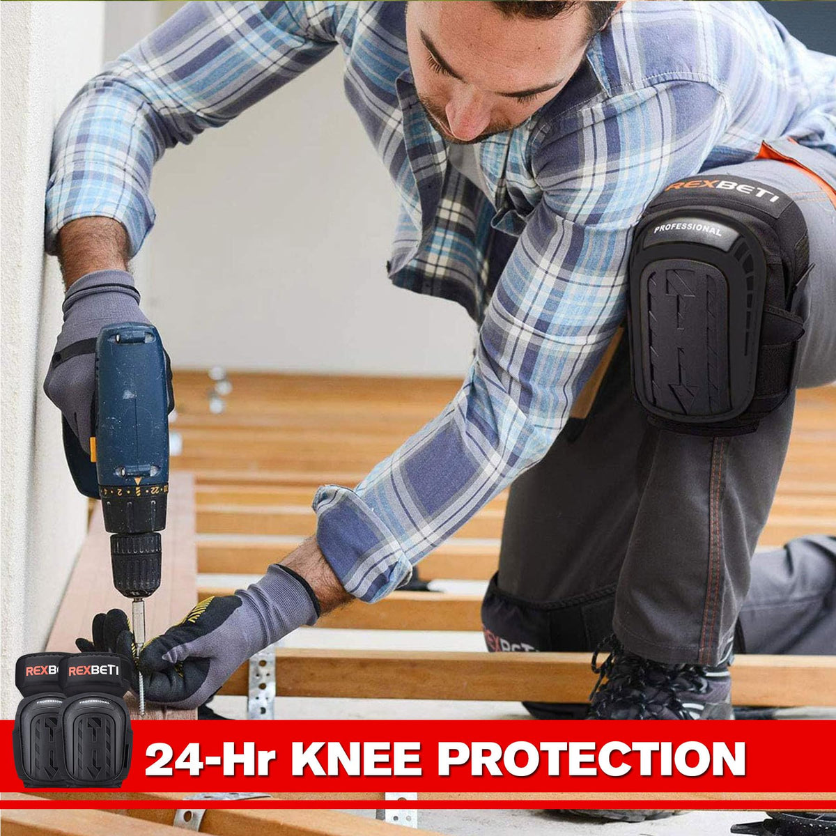 REXBETI knee pads include reinforced stitching for lasting performance in construction tasks.