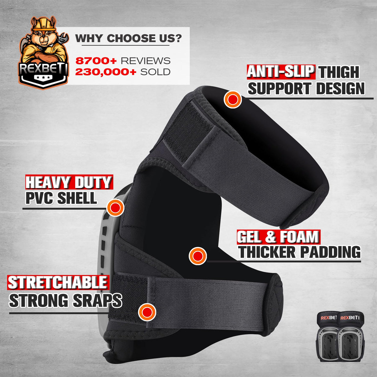 REXBETI knee pads secure strap and thigh support for a stable fit