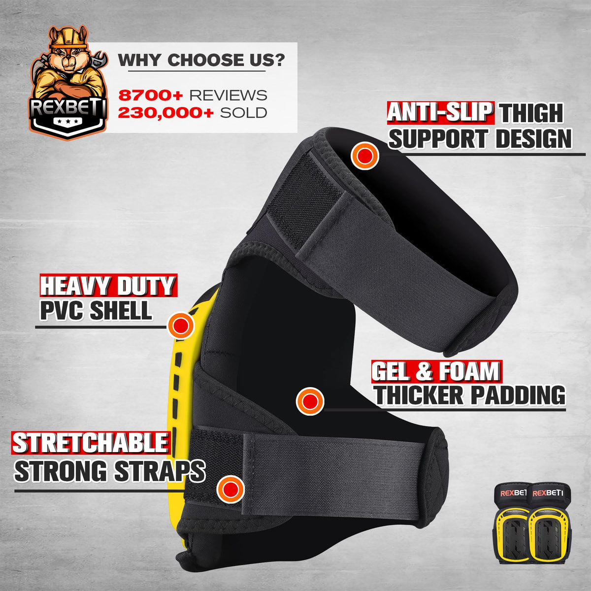 REXBETI knee pads with secure strap for stay-in-place protection.