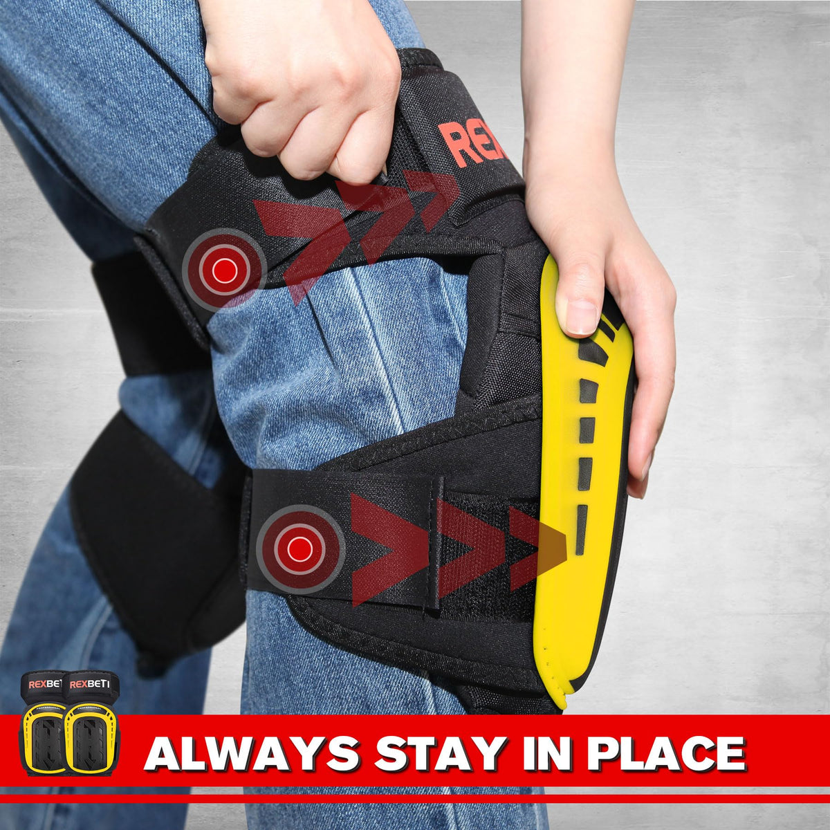 REXBETI knee pads with thigh-support design to stay in place during work.
