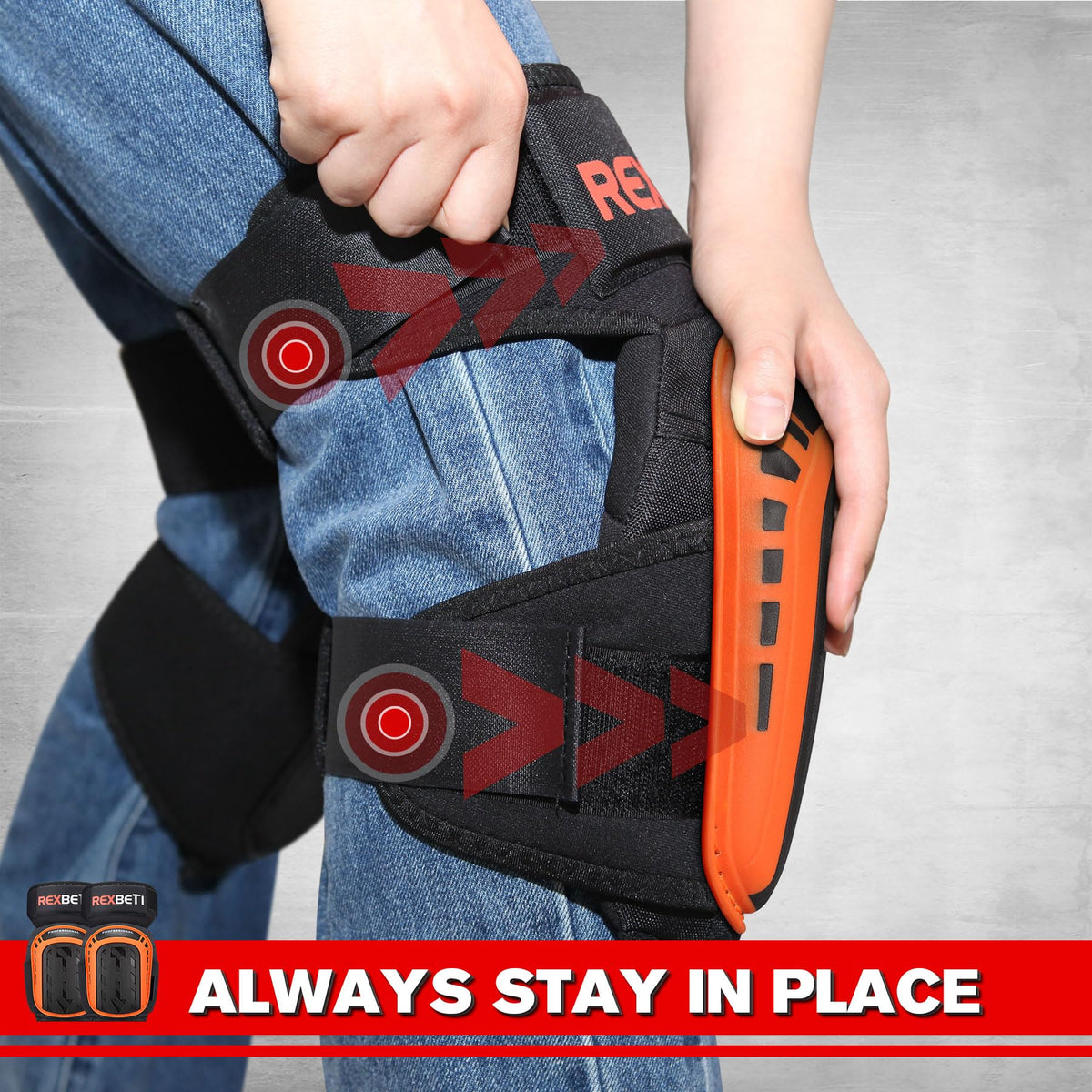 REXBETI knee pads featuring thigh-support design for a secure ergonomic fit