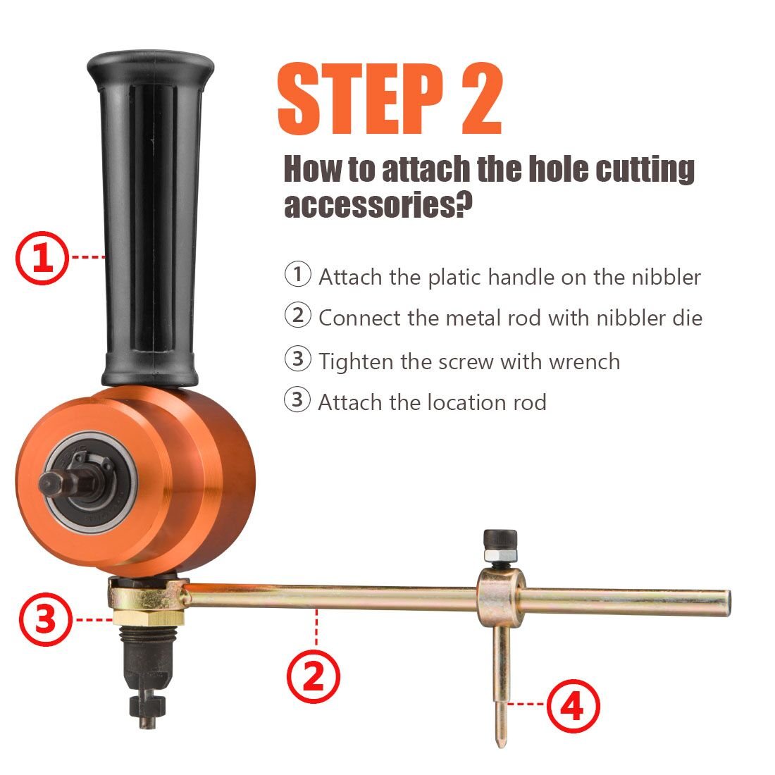 REXBETI nibbler used with drill for fast, burr-free cutting.