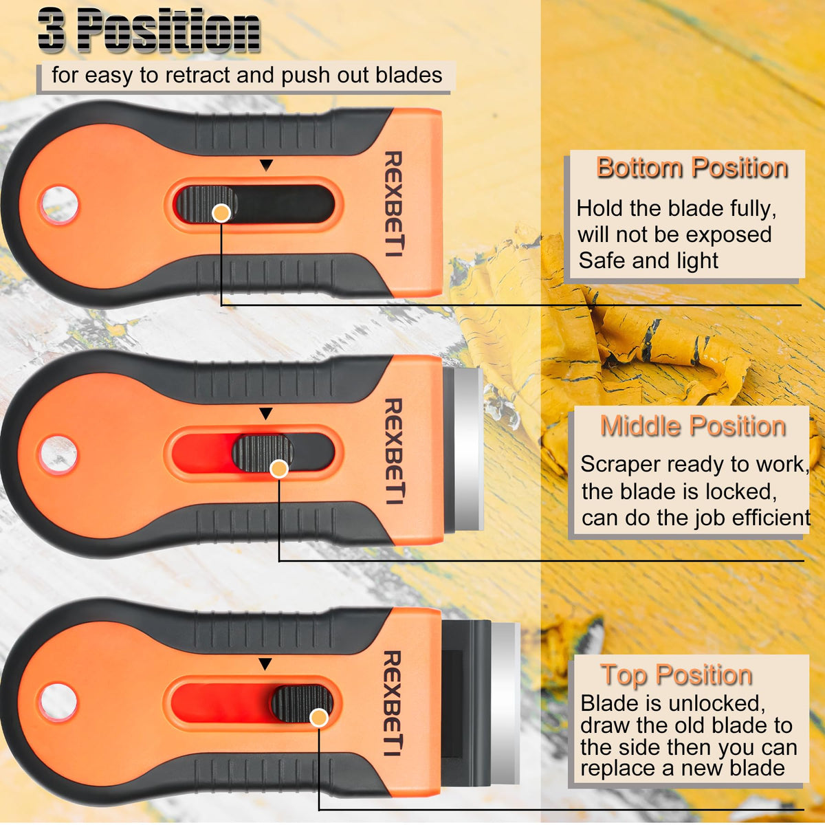 REXBETI Razor Scraper 3-Position Slider enables easy blade changes