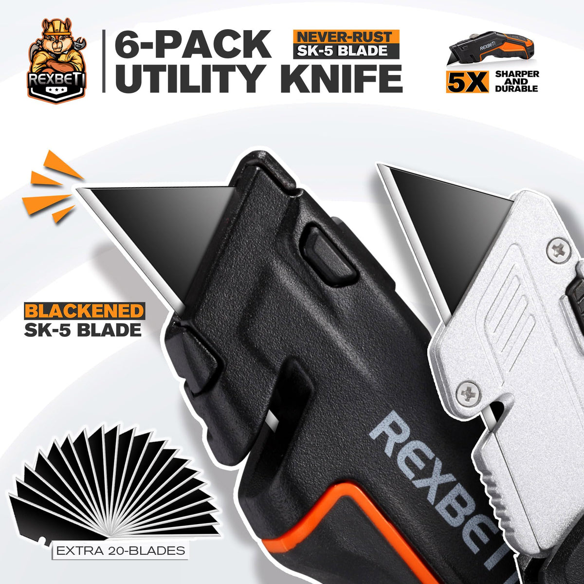 REXBETI retractable knife with ergonomic rubber grip for precise cuts.