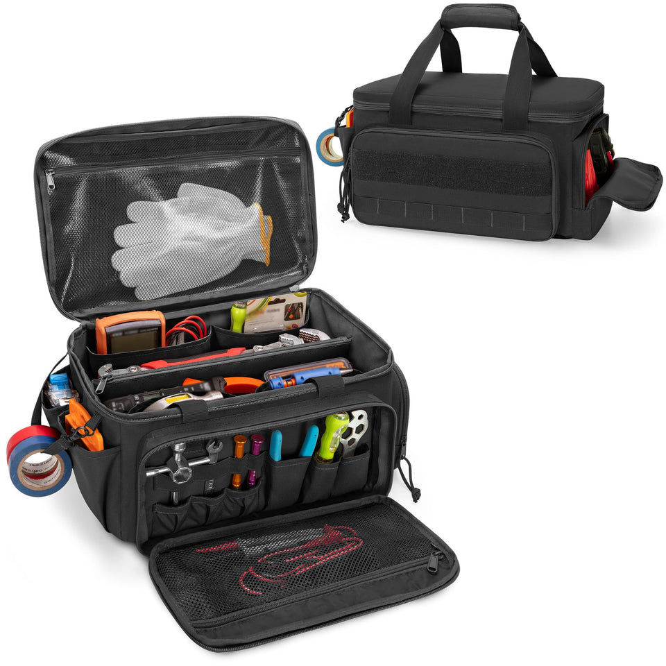 Rexmica 14-inch tool bag with anti-friction bottom keeps tools stable during transport.
