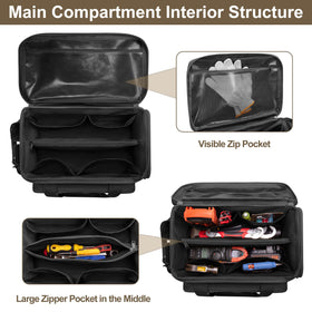 Rexmica 14-inch tool bag front pocket with elastic keeps small parts organized.