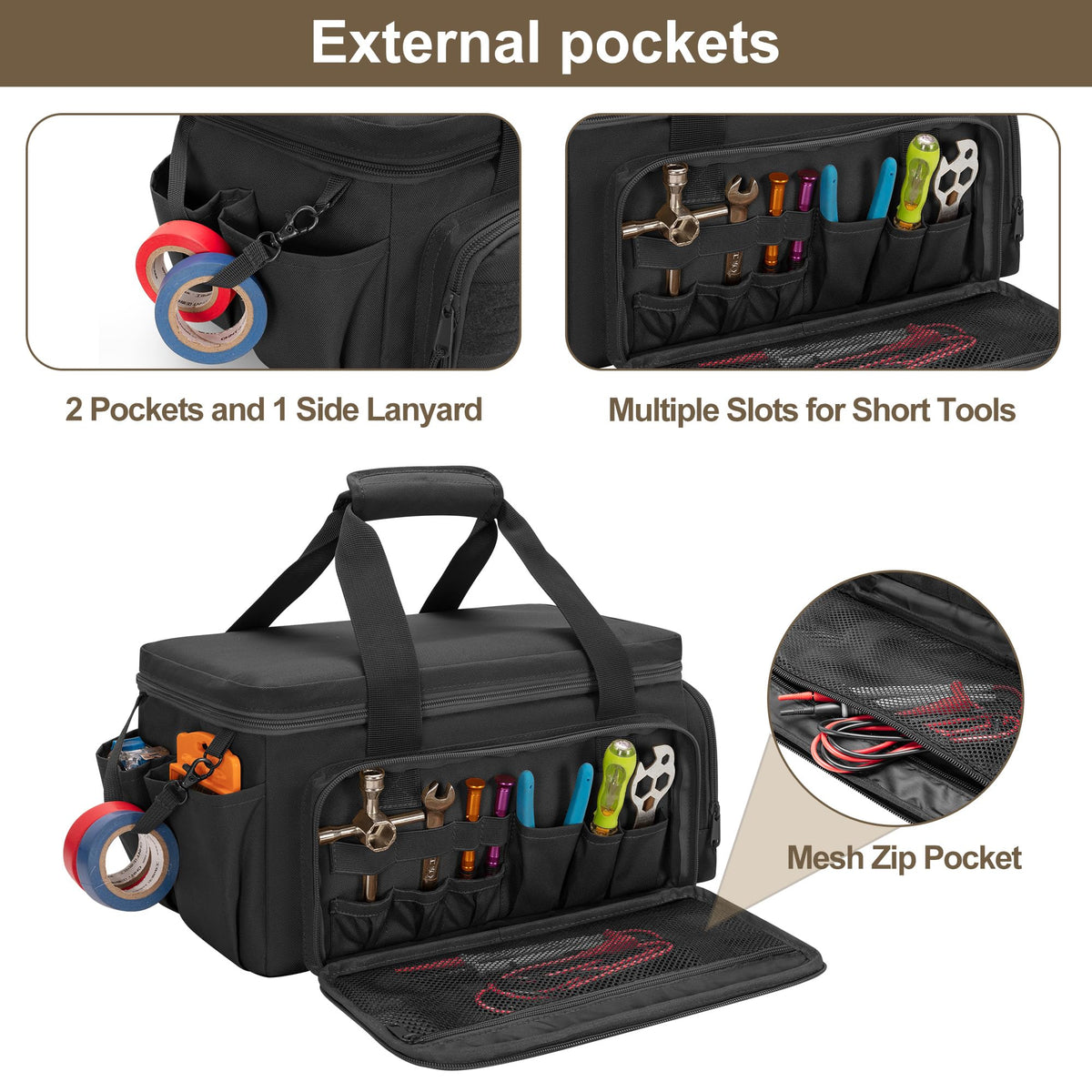 Rexmica tool bag side pockets hold batteries and gloves for quick access.