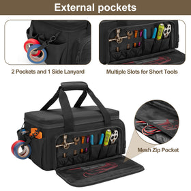 Rexmica tool bag side pockets hold batteries and gloves for quick access.