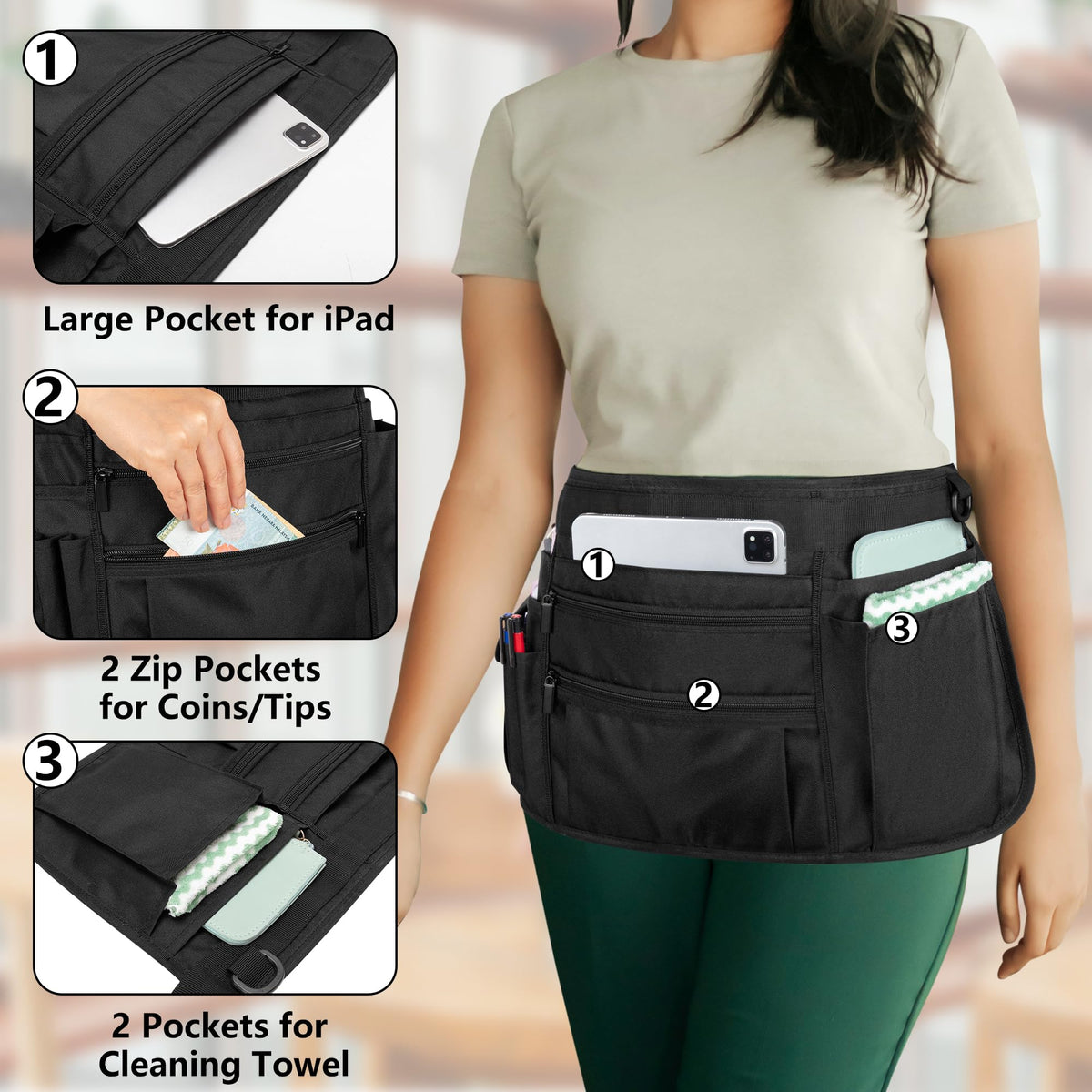 Compact server apron folds flat for easy storage between shifts.