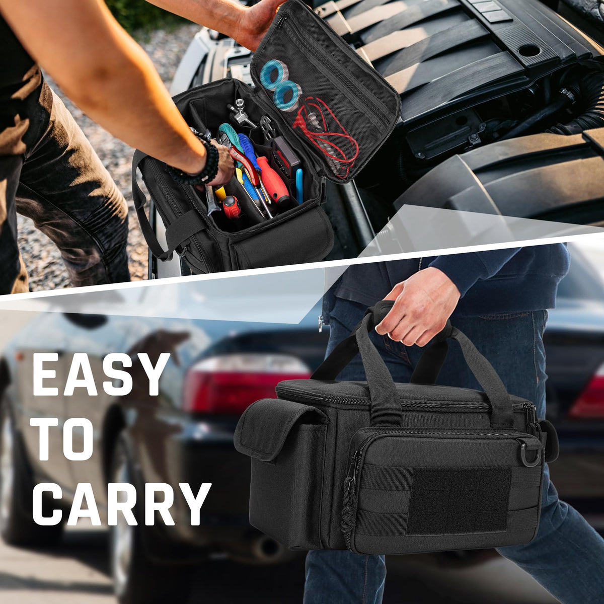Rexmica small tool bag front pocket keeps small tools organized and accessible.