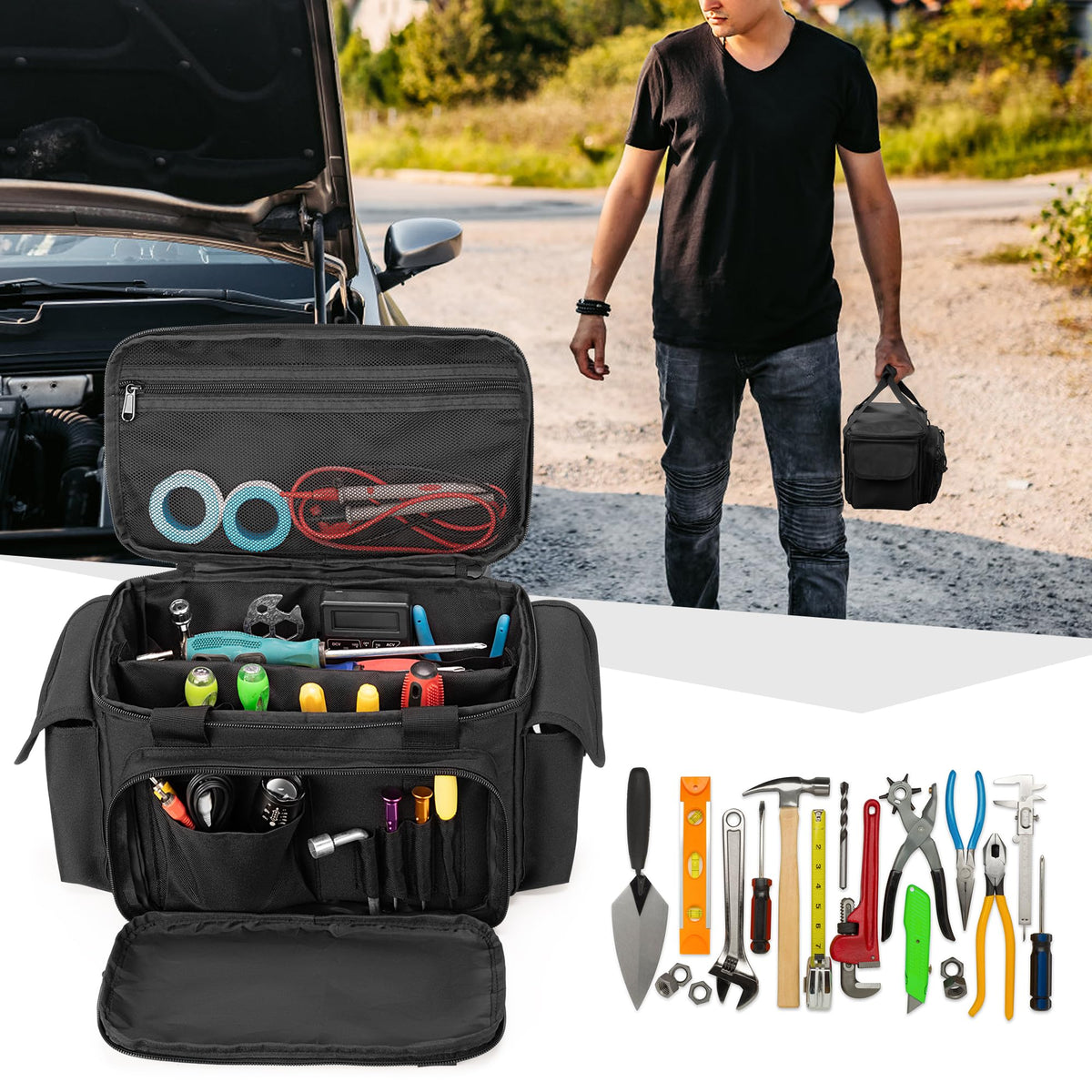Rexmica small tool bag full opening zipper for easy access to tools.