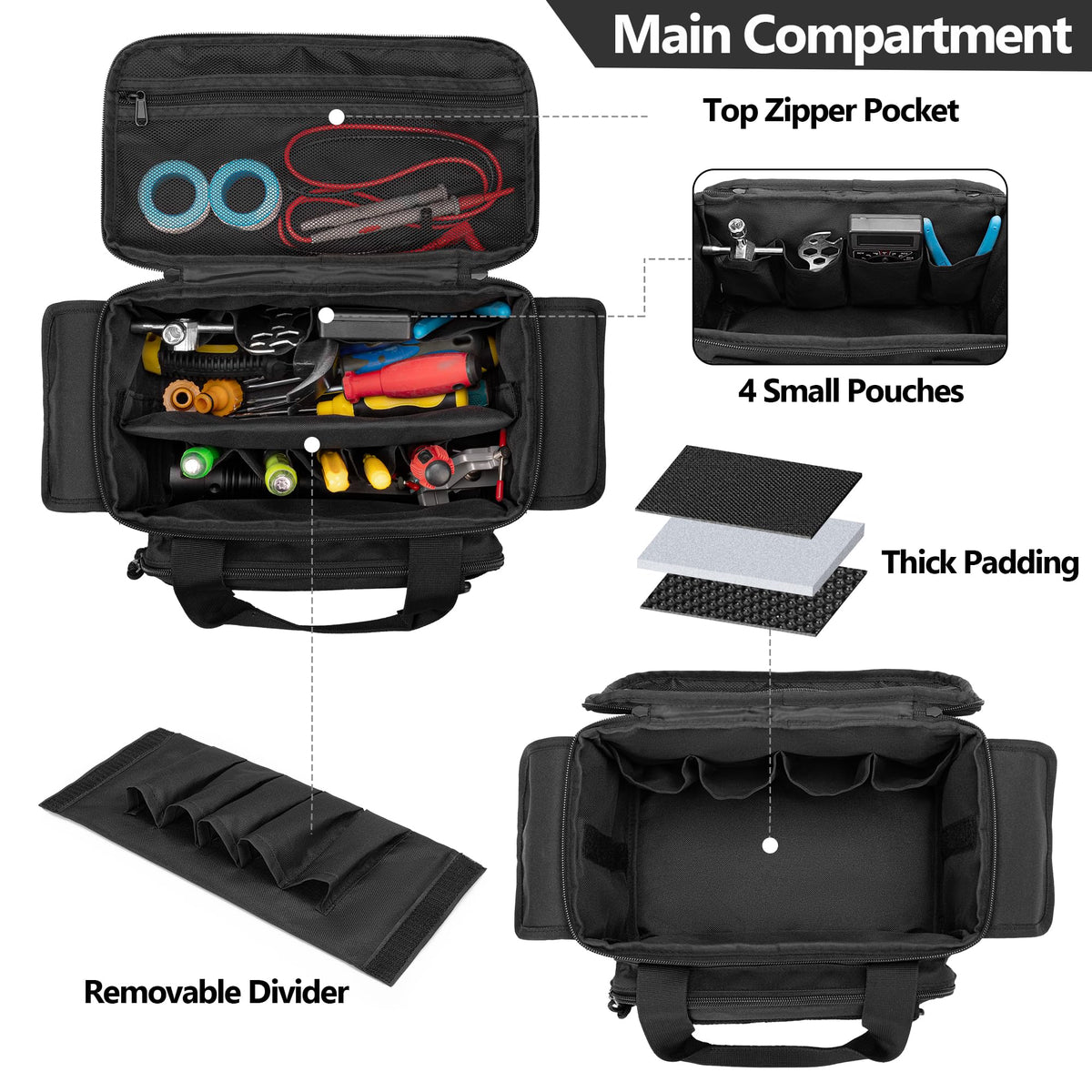 Rexmica small tool bag with removable divider for flexible interior setup.