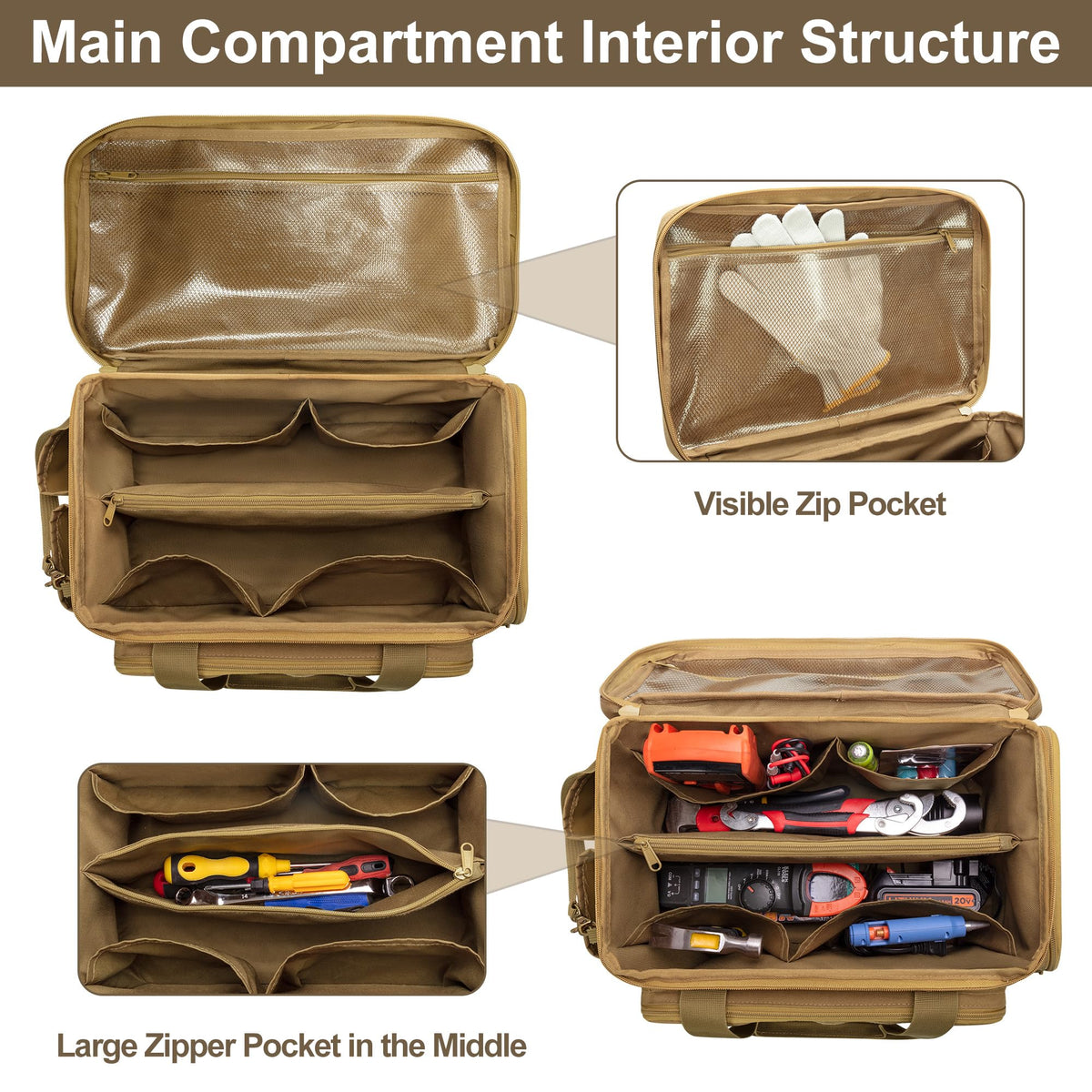 Rexmica tool bag front accessory storage with elastic bands for gadgets.