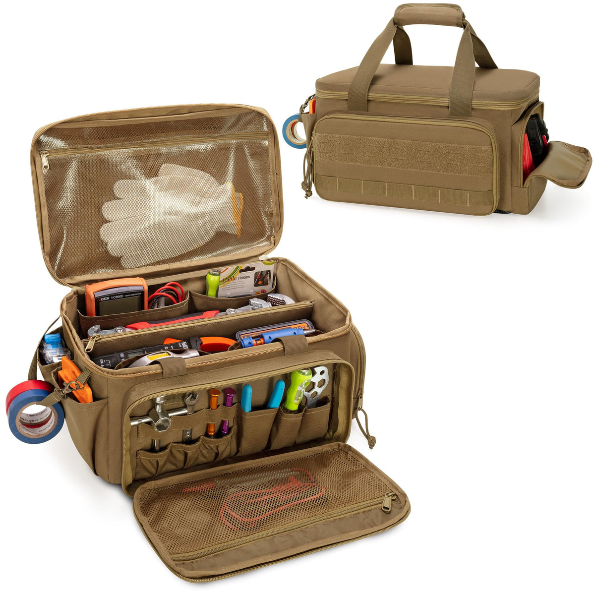 Rexmica 14-Inch tool bag main compartment organized for easy tool access.