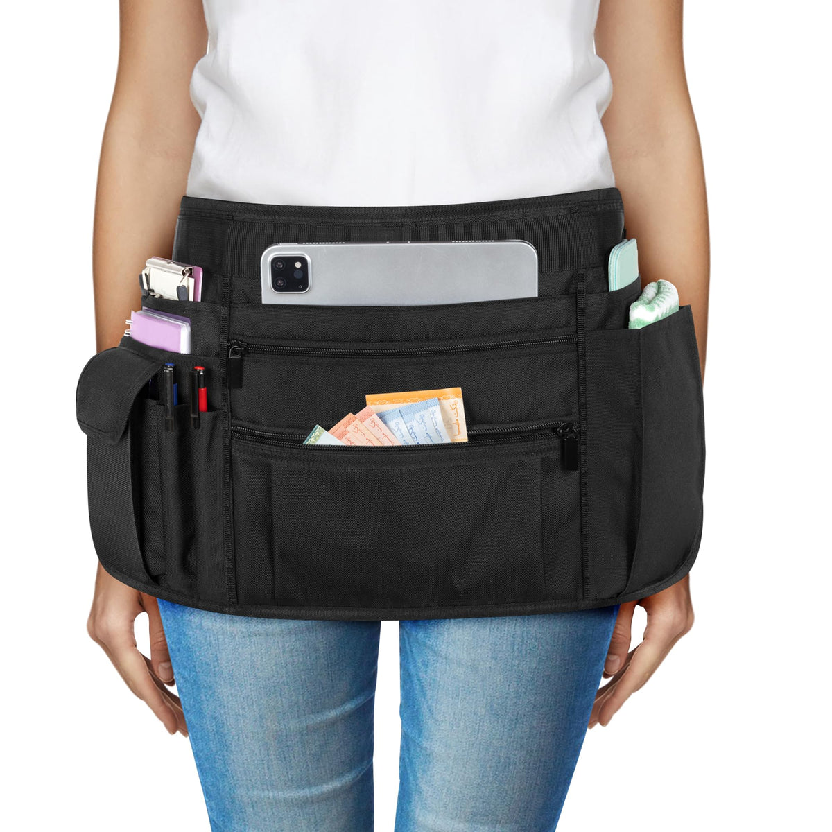 Rexmica waitress apron with multiple pockets keeps essentials organized during service.