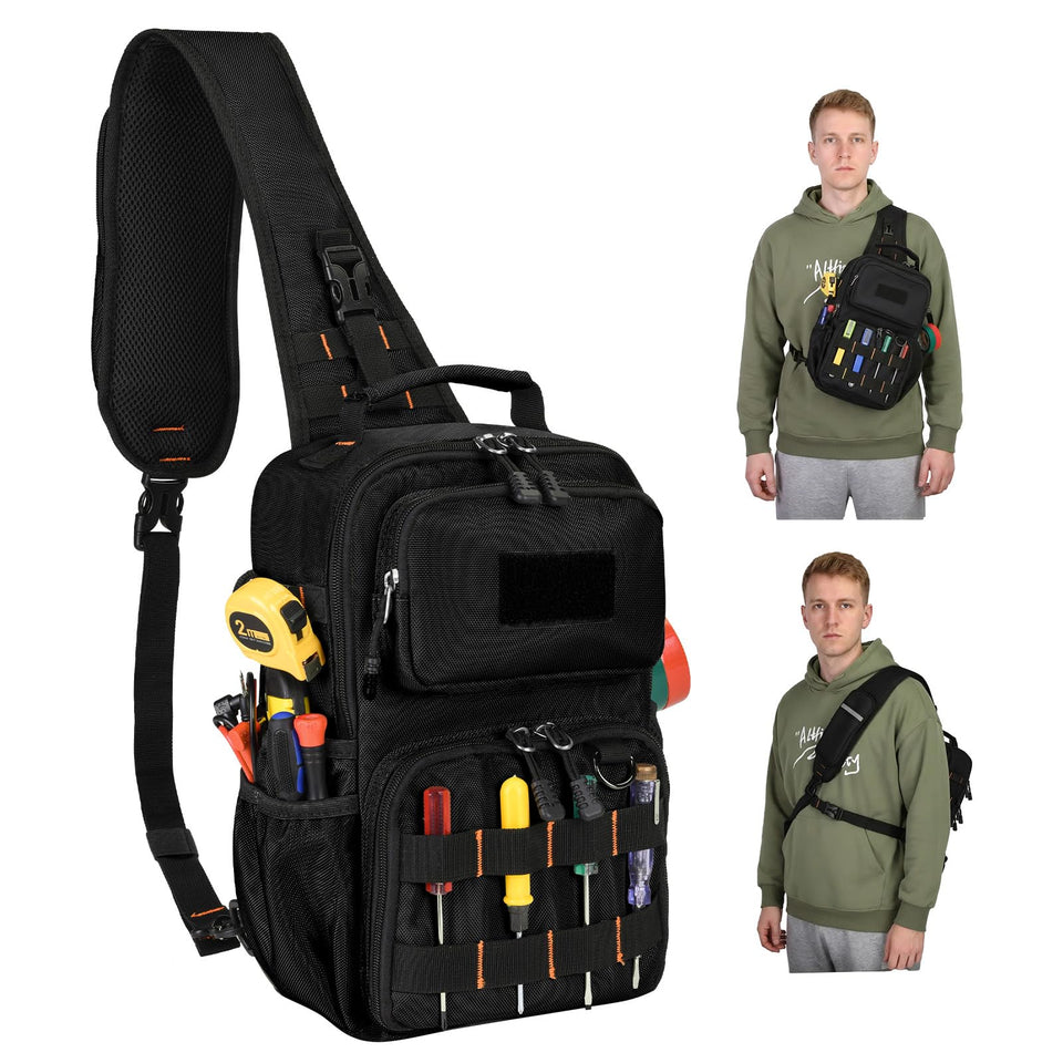 Rexmore tactical tool chest bag on a ladder showing the 3-point harness.
