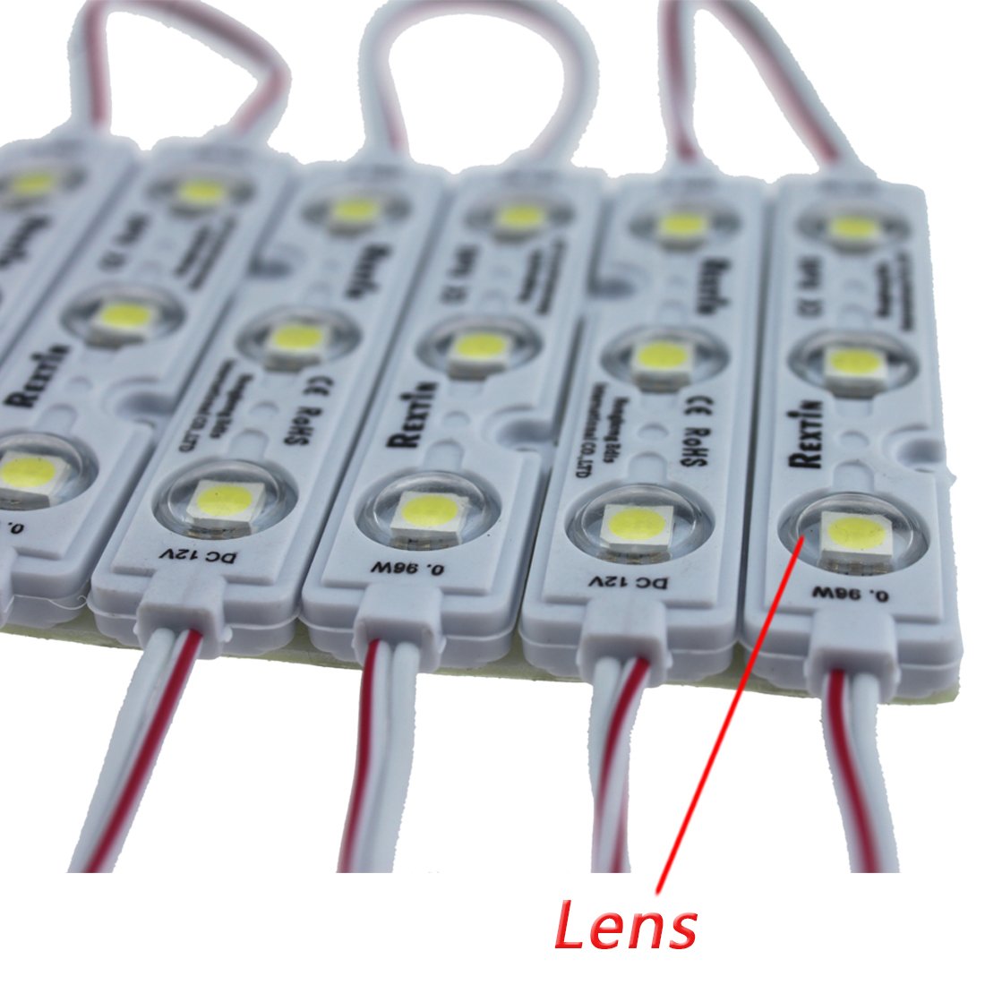 REXTiN waterproof LED module with adhesive backing for outdoor installs.