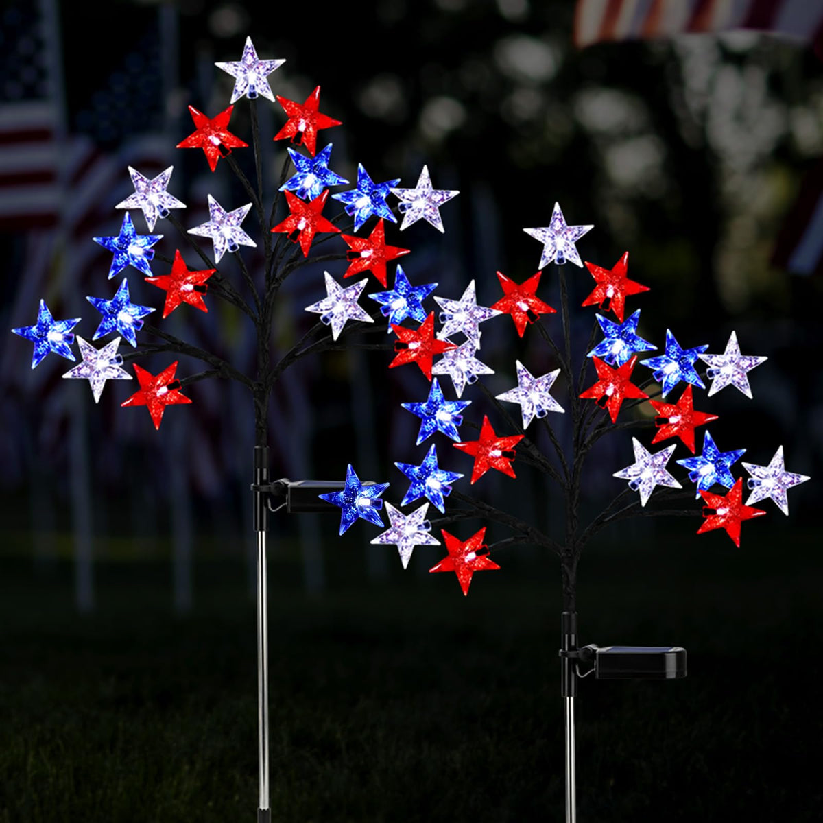 ReyeeInc red-white-blue stake lights brighten outdoor paths for holidays.