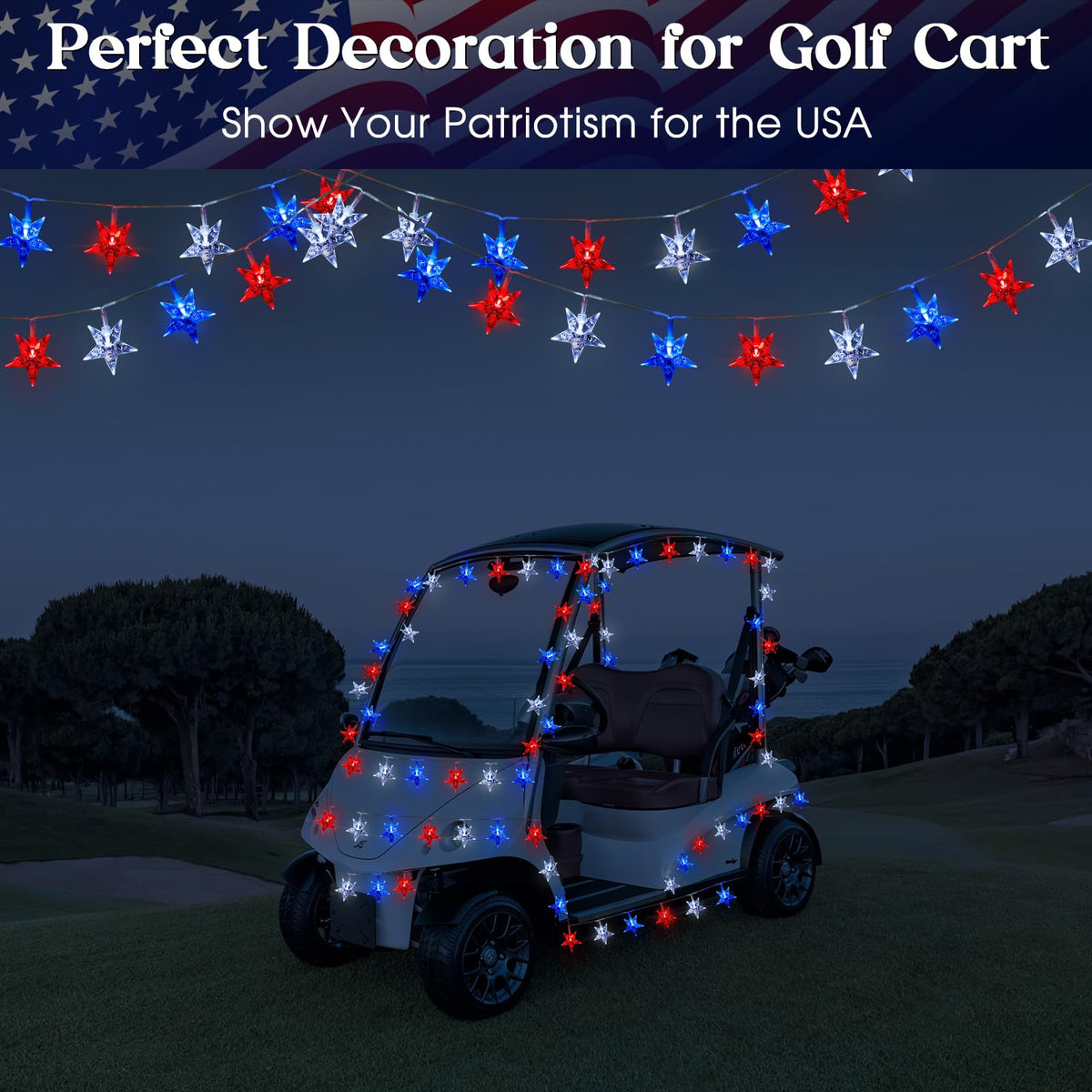ReyeeInc Solar 4th of July 100 Stars lights in twinkle mode for festive ambiance.