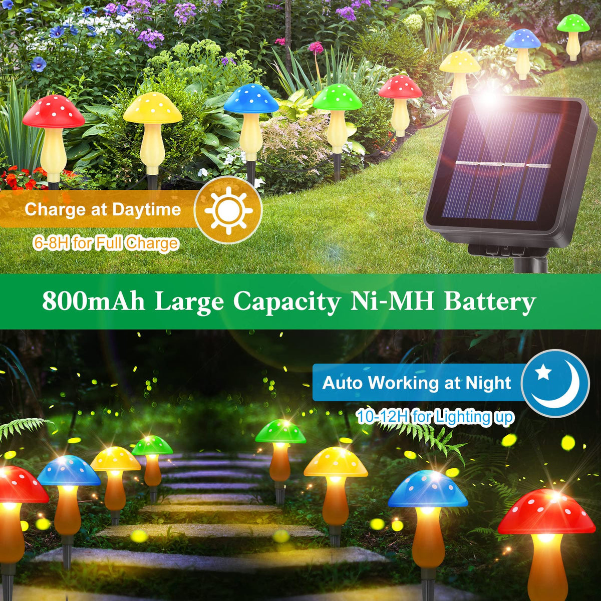 ReyeeInc mushroom stake light illuminates a flower bed with a gentle inviting glow.