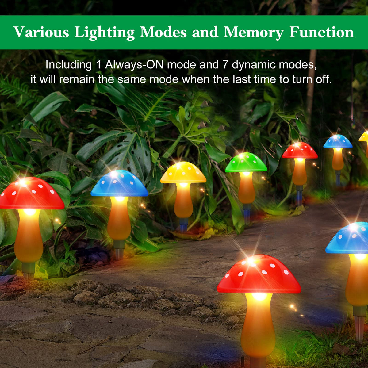 ReyeeInc solar mushroom lights line a walkway at dusk for charming exterior lighting.