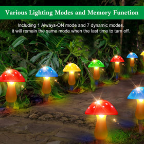 ReyeeInc solar mushroom lights line a walkway at dusk for charming exterior lighting.