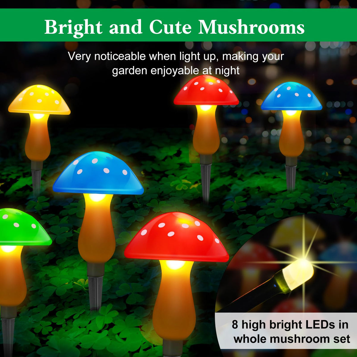 ReyeeInc 8-mode mushroom stakes offer versatile lighting for patios and borders.