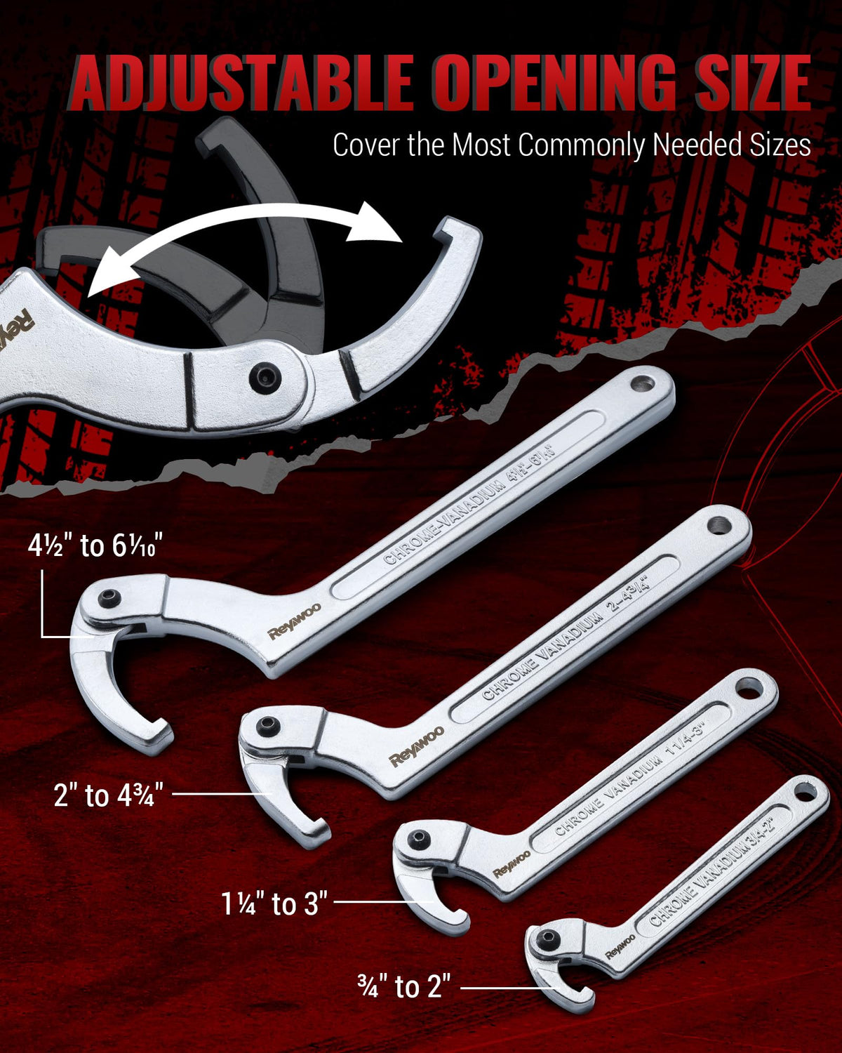 Reywoo spanner wrench set includes interchangeable adapters for square slots and round holes.