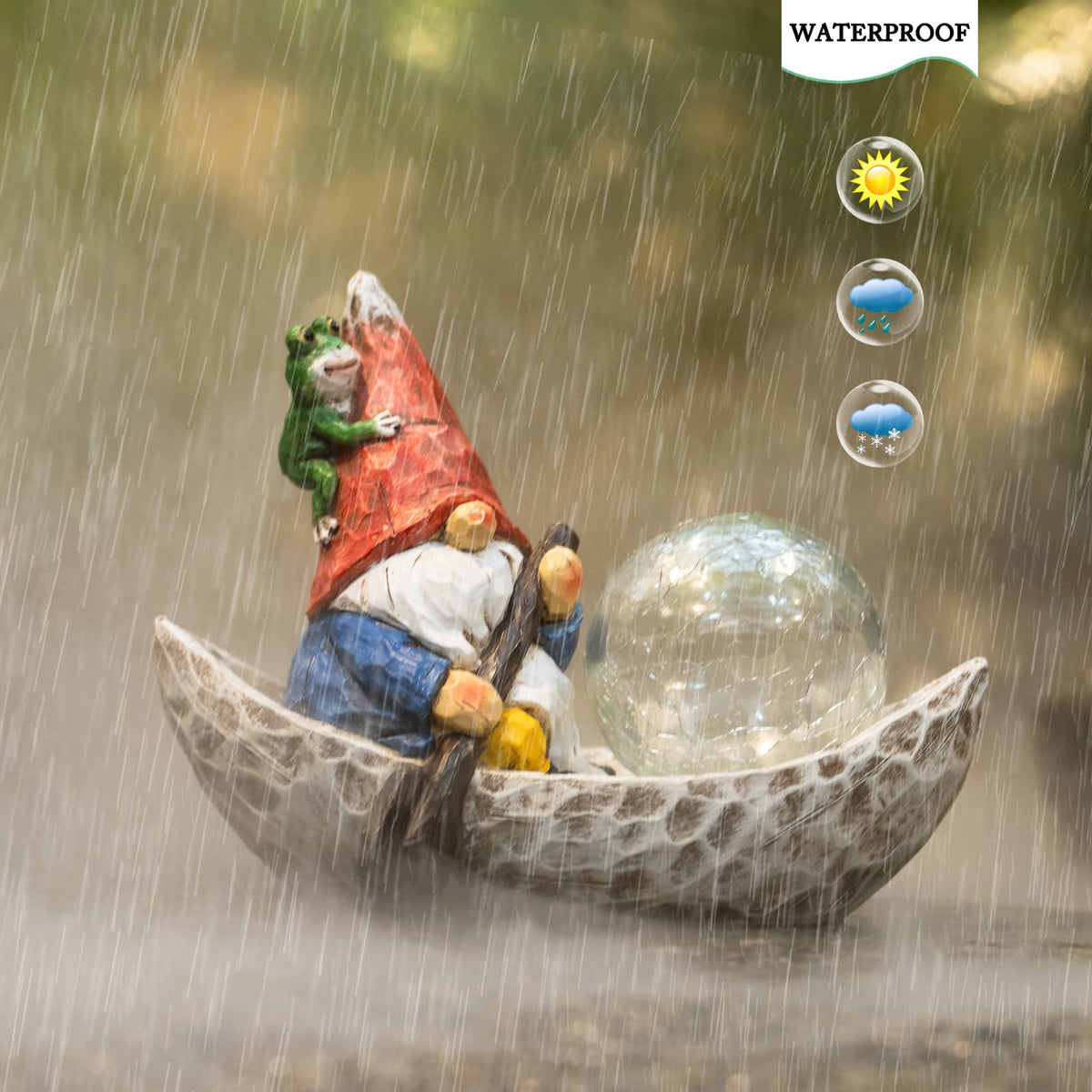 Rezpuao gnome with pink flower offers a cheerful garden touch.