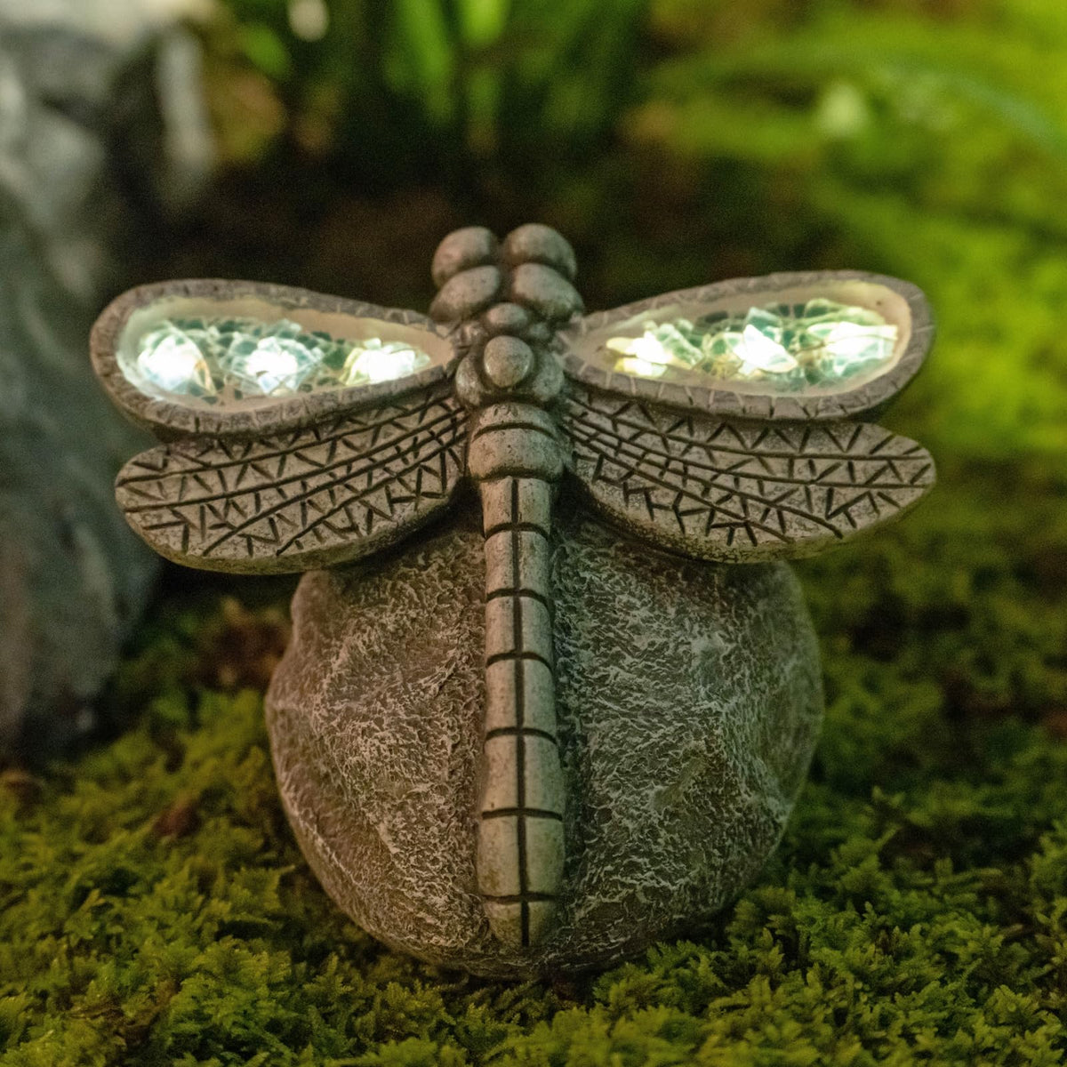 Rezpuao dragonfly ornament front view with soft LED glow for patios