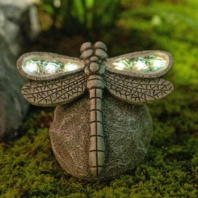 Rezpuao dragonfly ornament front view with soft LED glow for patios