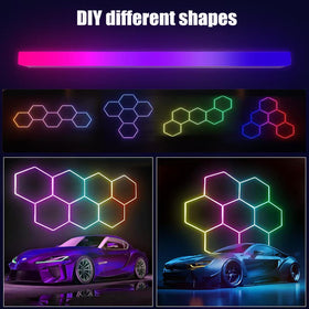 RGZZUP hexagon lights DIY installation showing modular panels on wall or ceiling