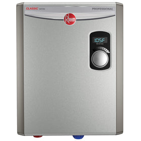 Rheem 18kW thermostat display shows precise on-demand hot water.