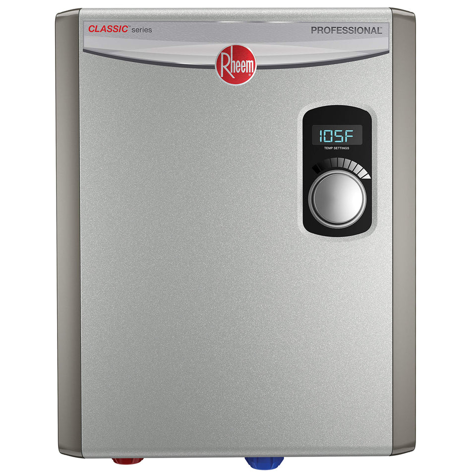 Rheem 18kW thermostat display shows precise on-demand hot water.