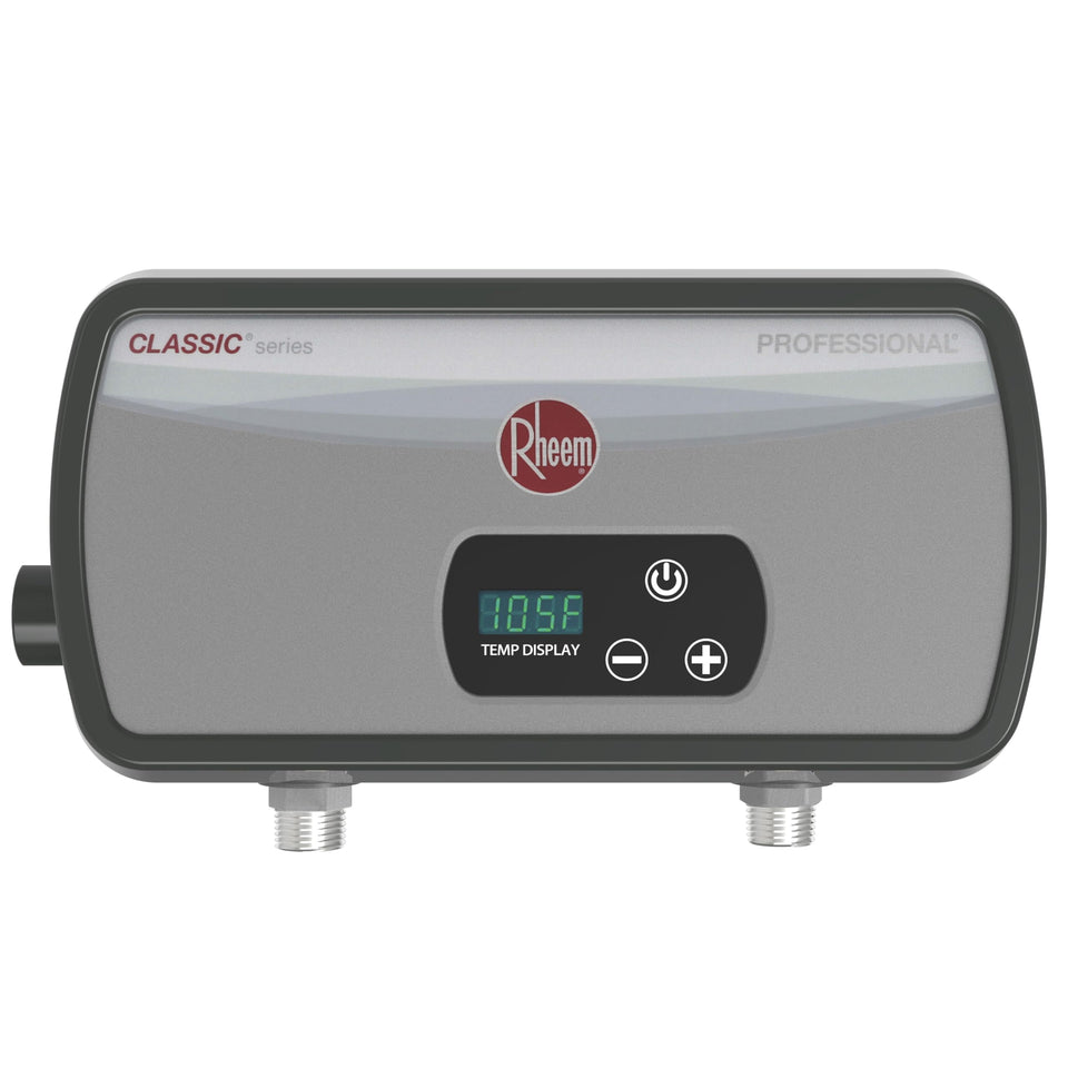Rheem POU thermostatic tankless water heater 6.5 kW provides on-demand hot water at the faucet
