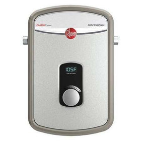 Rheem RTEX-13 exterior digital thermostat displaying precise temperature settings.