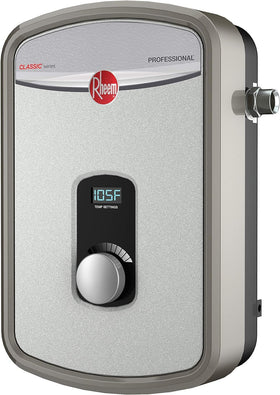 Rheem RTEX-13 1.5 GPM shower head supports water-saving use.
