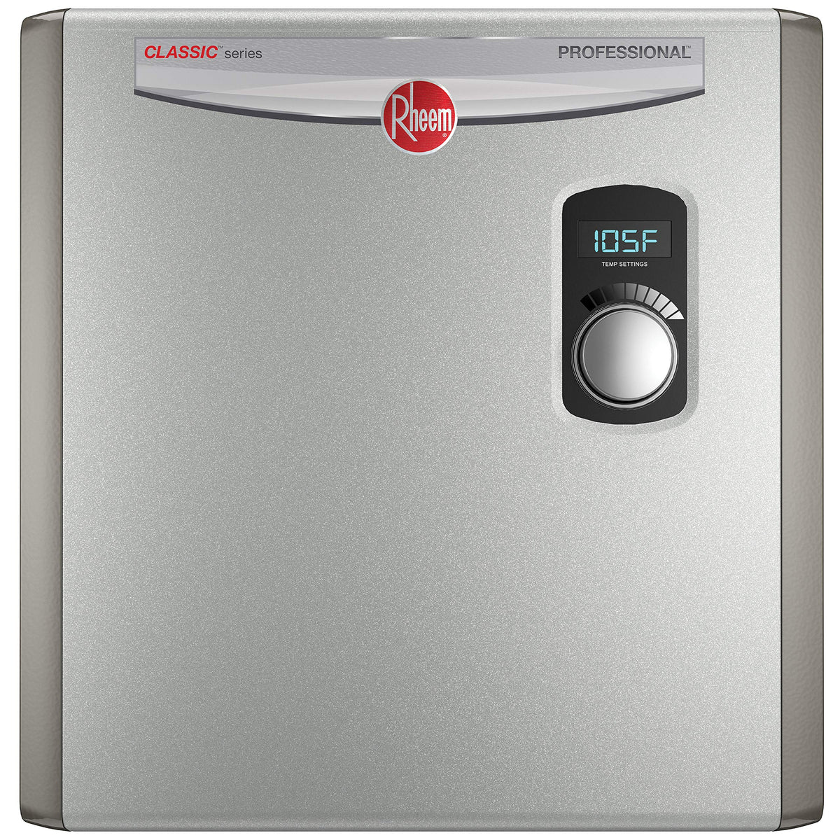 Rheem RTEX-24 front view showing compact size for tight spaces