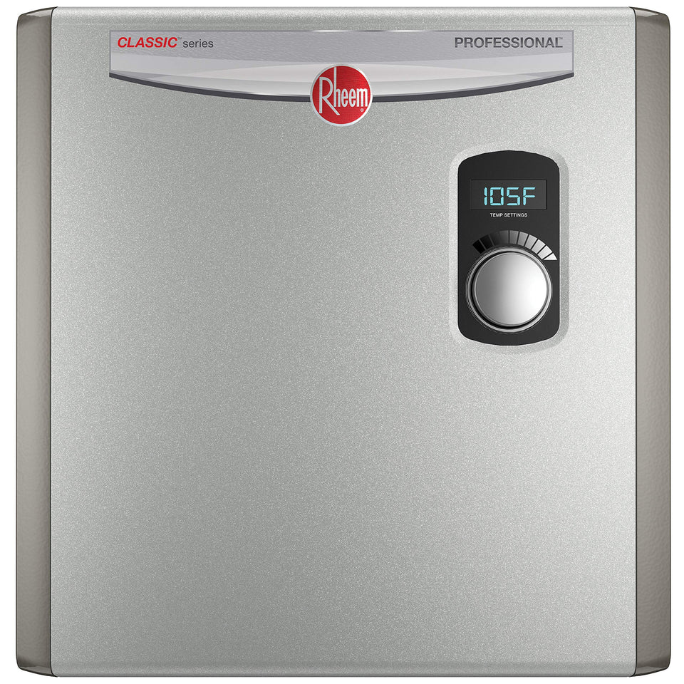 Rheem RTEX-24 front view showing compact size for tight spaces