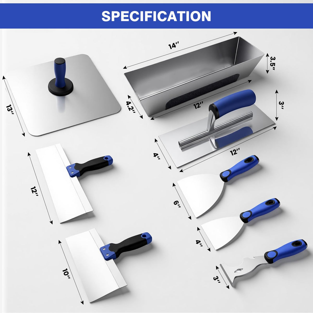 Rhibak 12-inch mud pan helps hold and transfer material efficiently.