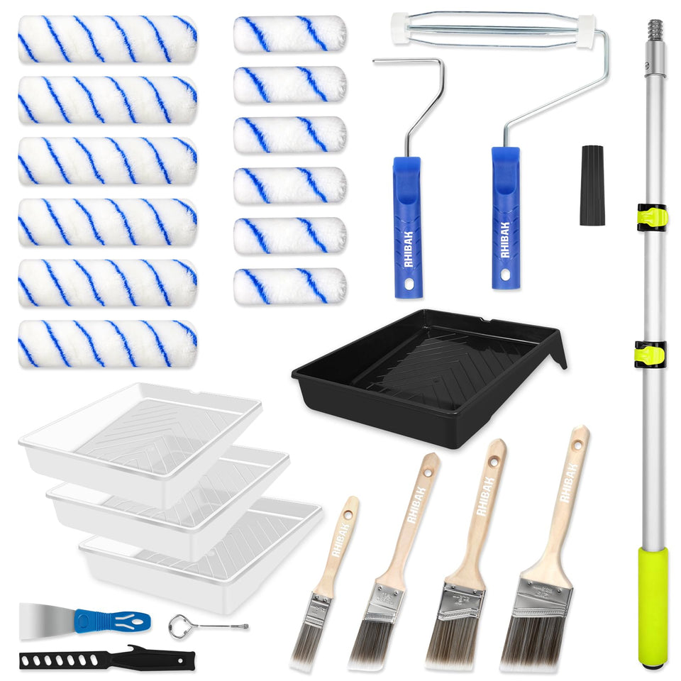 Rhibak paint roller kit extension pole reaches high walls without a ladder for easier painting