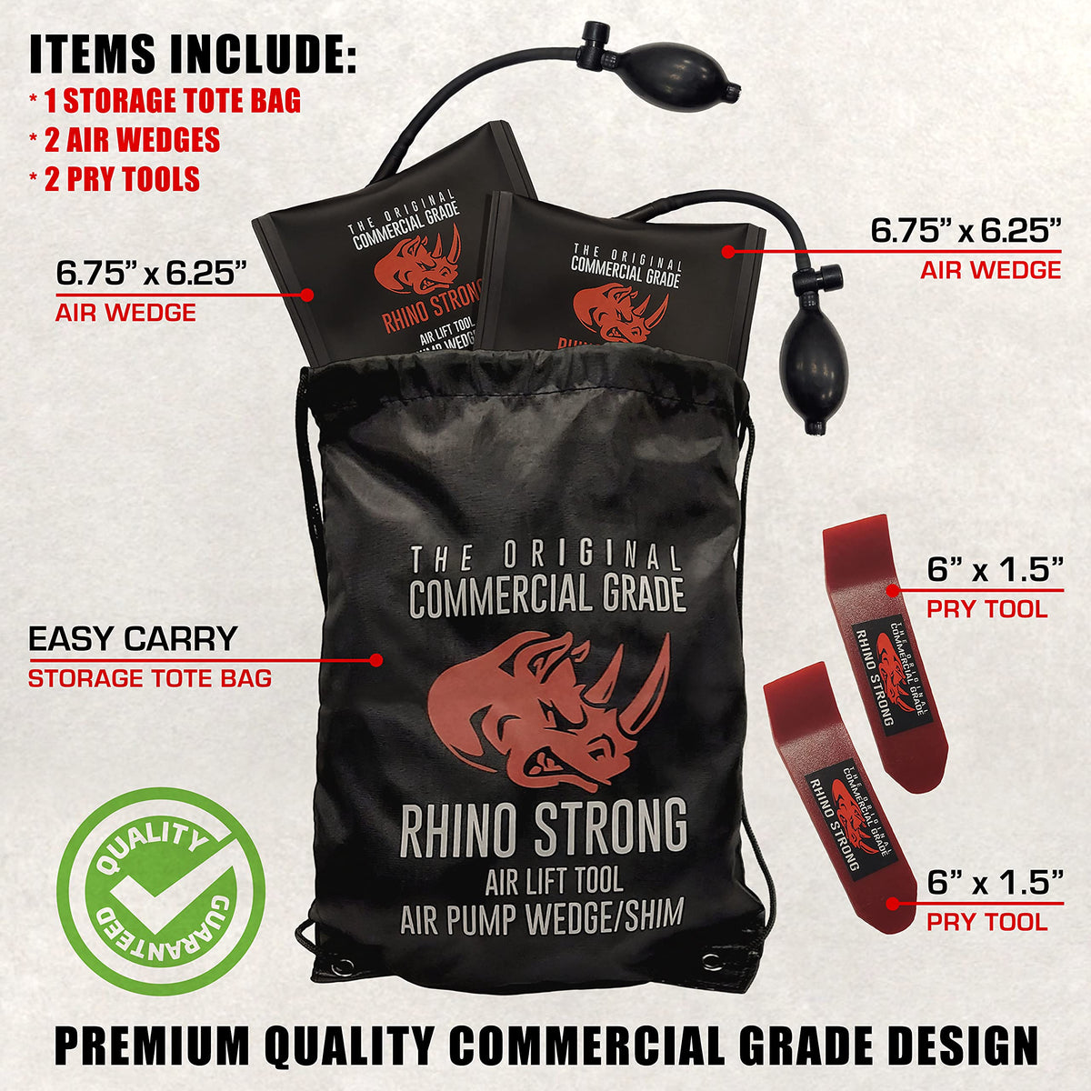 Rhino Strong commercial-grade shim bag with push pump for quick adjustments.