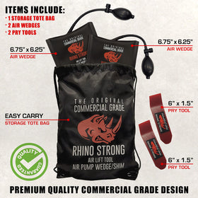 Rhino Strong commercial-grade shim bag with push pump for quick adjustments.