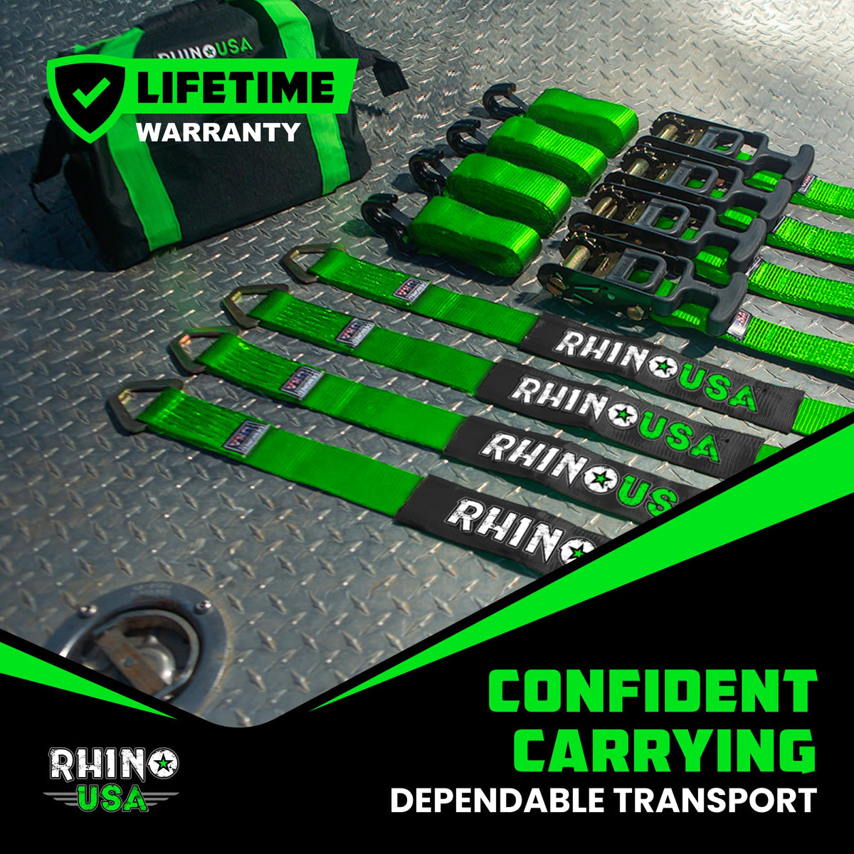Rhino USA heavy-duty strap securing a powersports vehicle with confidence.