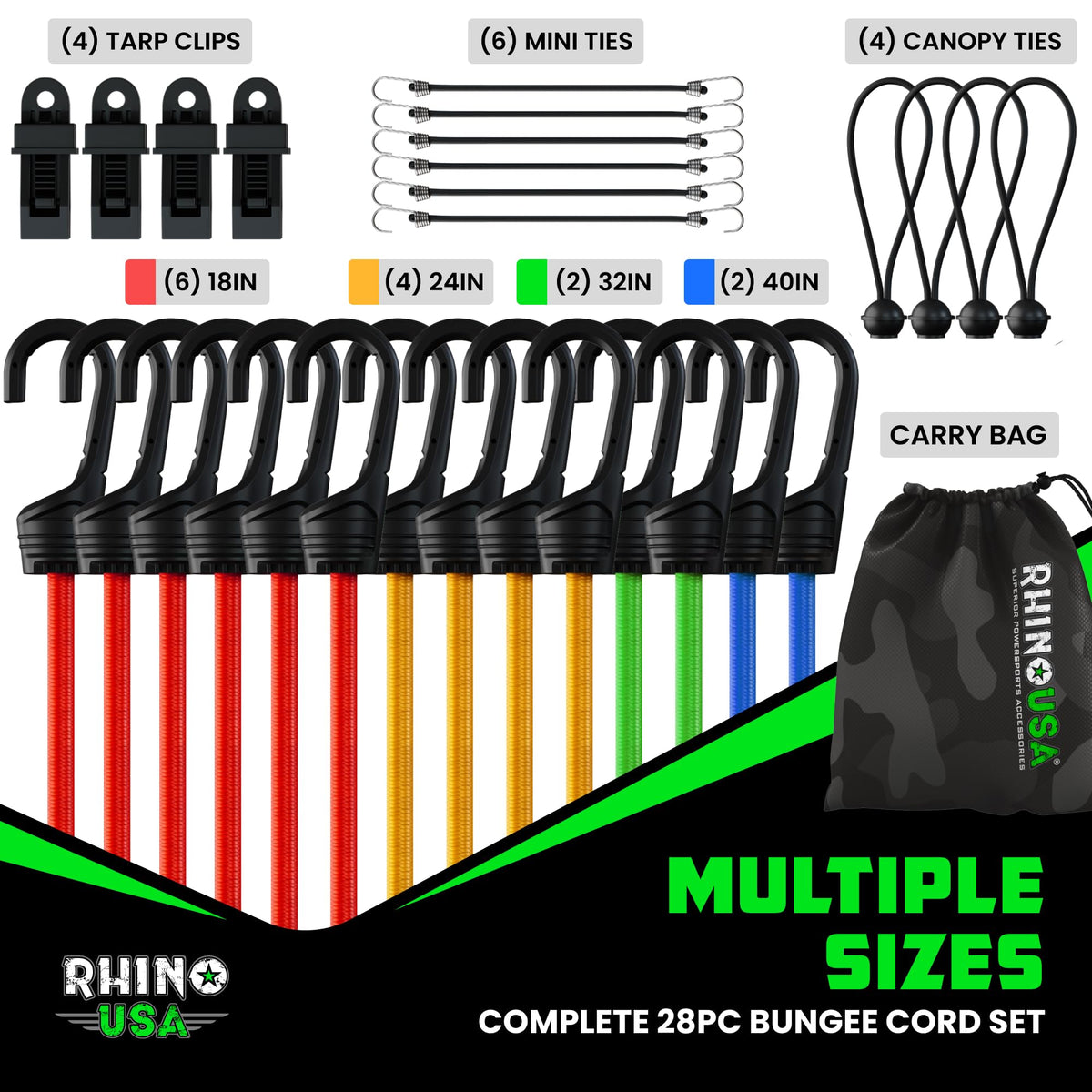 Rhino USA 32 inch green bungee cord with hooks protects surfaces while securing gear